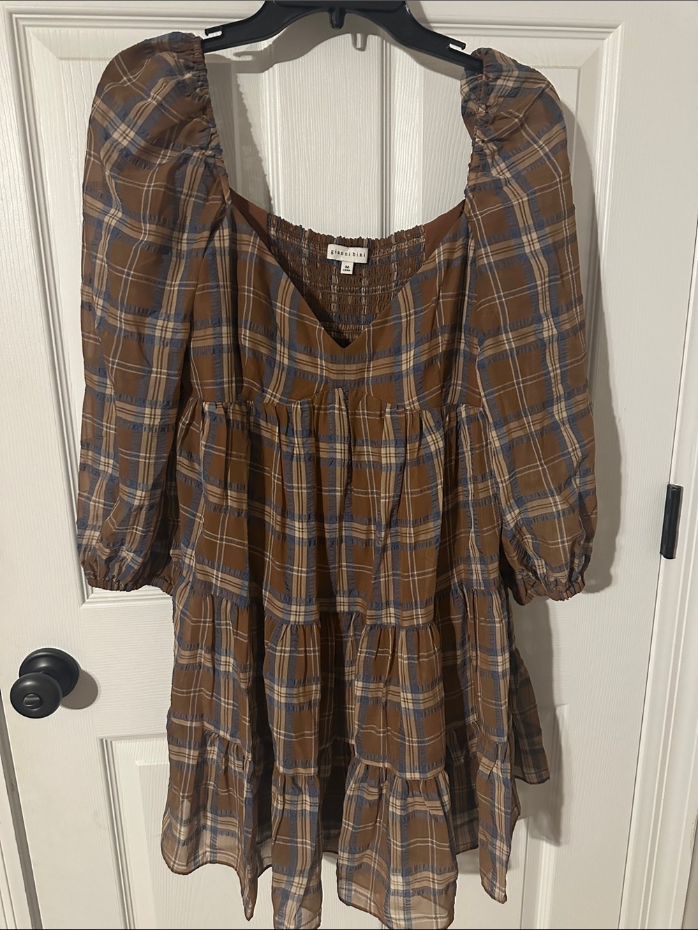 Gianni Bini Brown and Blue Plaid Tiered Puff Sleeve Dress